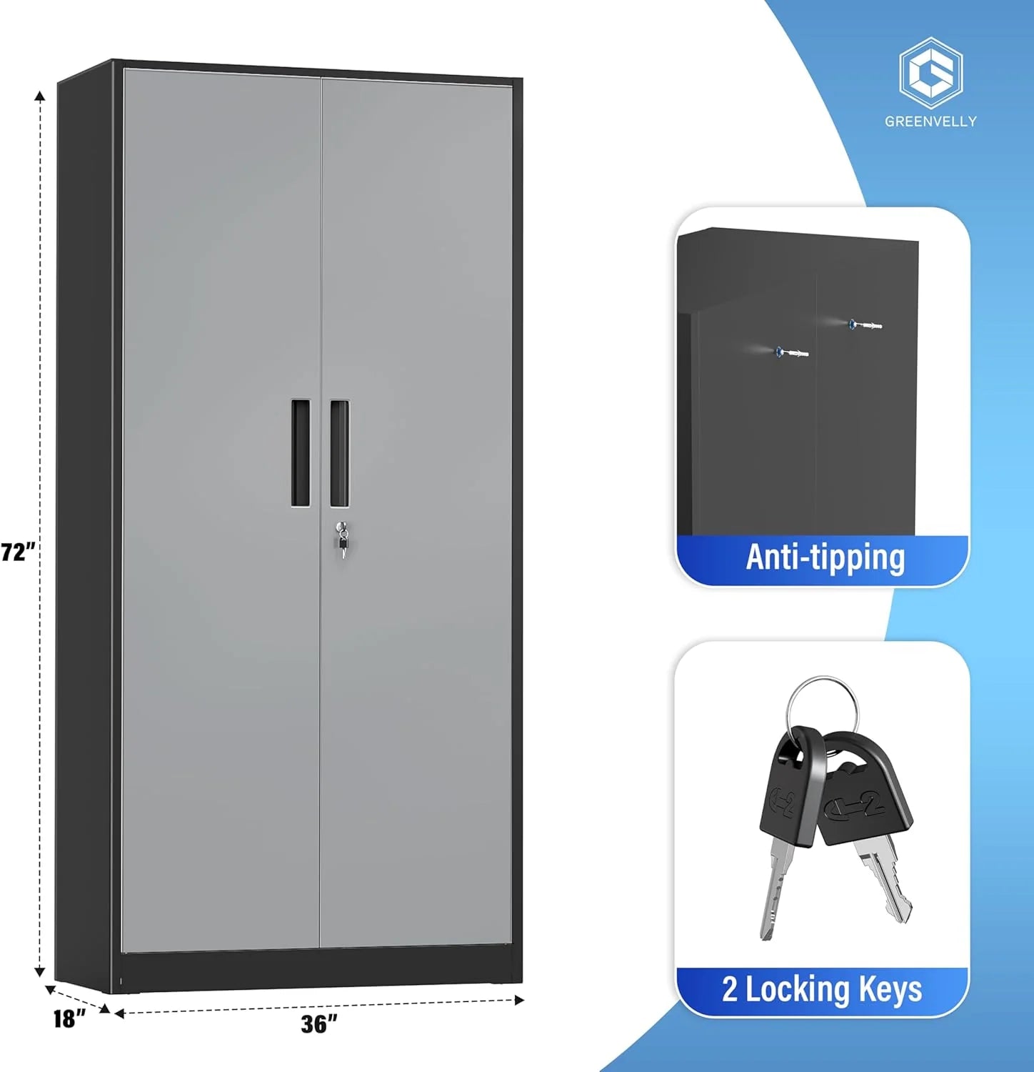 Greenvelly Metal Storage Cabinet, 72 Black Locking Metal Cabinet with 2 Doors and 4 Adjustable Shelves, Lockable Garage Storage Cabinets for Home Office, Garage, Kitchen, Living Room