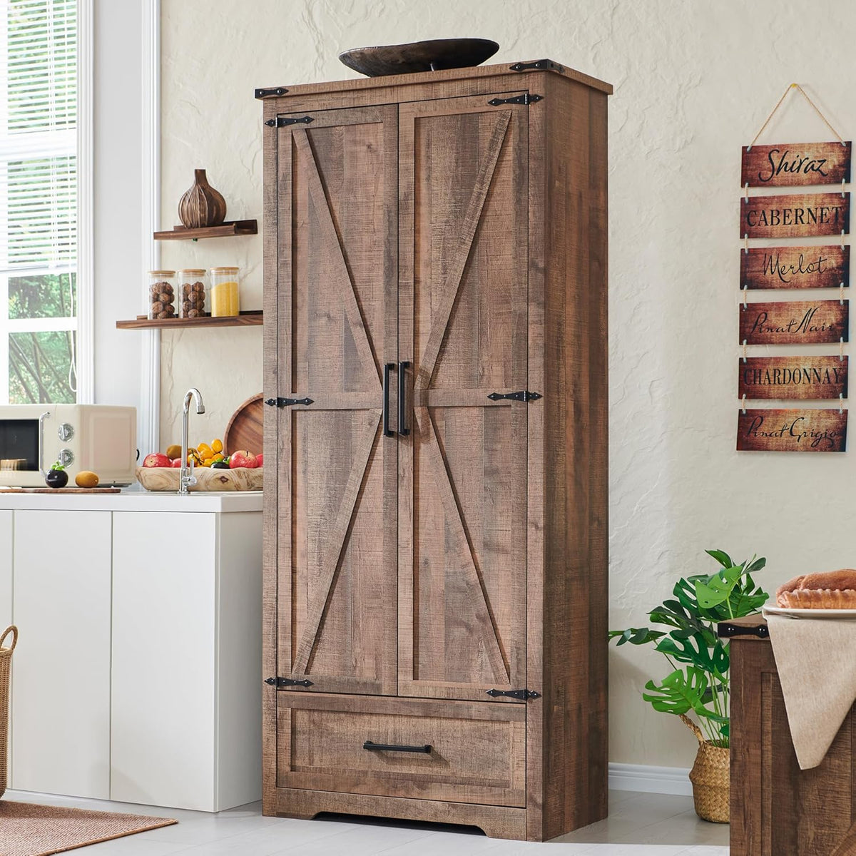JXQTLINGMU Farmhouse Kitchen Pantry - 72 Tall Wood Kitchen Storage Cabinet with Adjustable Shelves and 2 Barn-Style Doors and Drawers