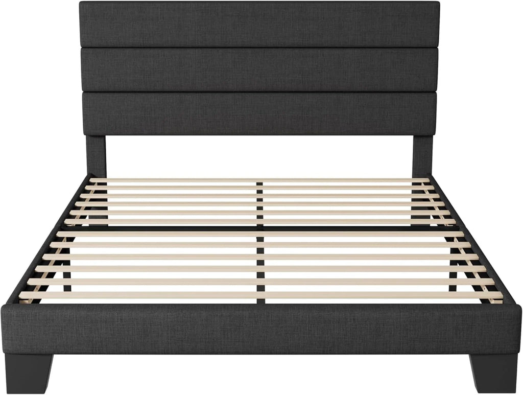 Allewie Queen Size Platform Bed Frame Fabric Upholstered Headboard Wooden Slats Support