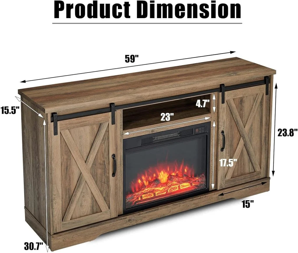 AMERLIFE Fireplace TV Stand with Sliding Barn Door for TVs up to 73, Farmhouse 63 Fireplace Entertainment Center with Storage Cabinets/Adjustable Shelves