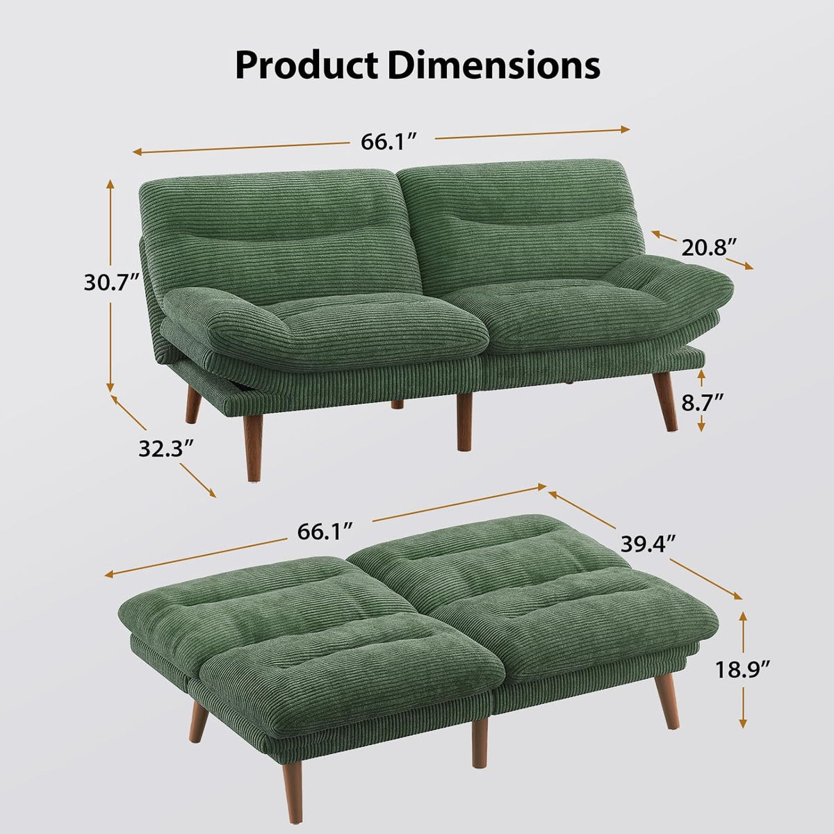 Convertible Futon Sofa Bed, 66 Inch Corduroy Futon Sofa Recliner Sofa Bed for Small Spaces, Playrooms or Offices