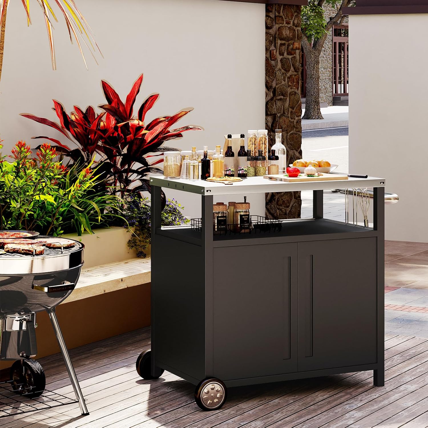 Stainless Steel Outdoor Grill Cart Pizza Oven Stand Trolley Table with Wheels Three-Shelf