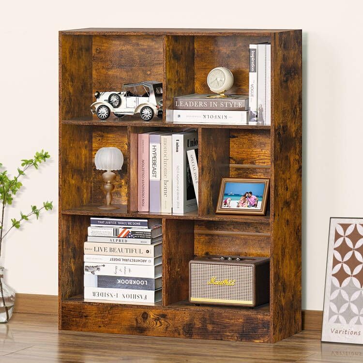 LEYAOYAO Wooden 7 Cube Book Shelf Natural Bookshelf Legs Modern Open Storage Organizer