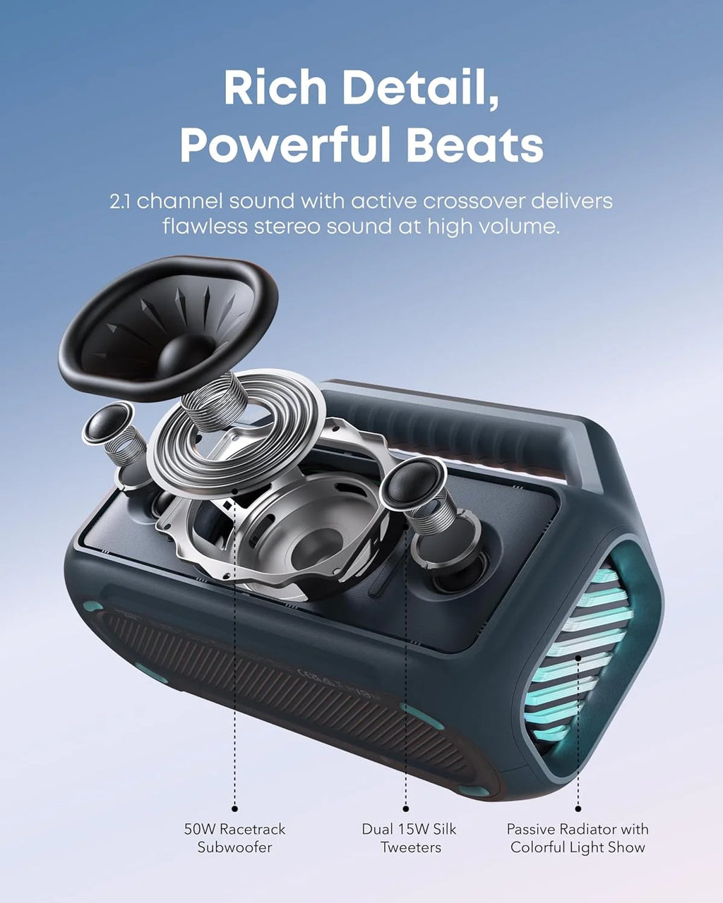 Outdoor Speaker, 80W, Subwoofer, BassUp 2.0, 24H Playtime, IPX7 Waterproof, Floatable, RGB Lights, USB-C, Custom EQ, Bluetooth 5.3, Portable for Camping, Beach, and Backyard