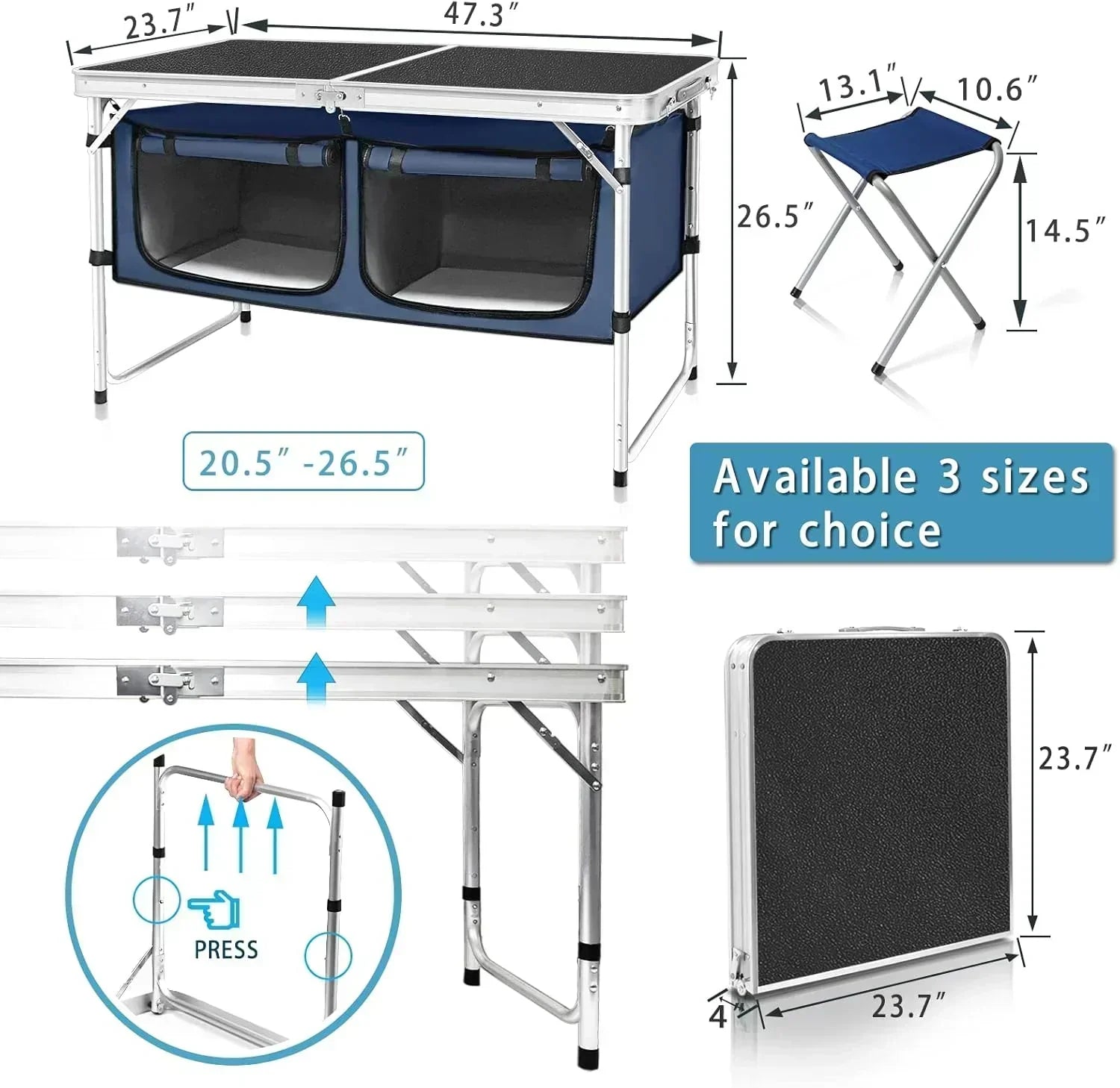 Outdoor Folding Table Aluminum Lightweight Height Adjustable with Storage Organizer