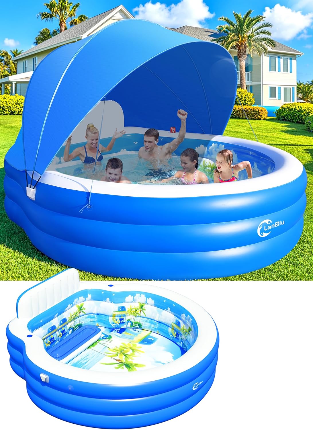 2025 Upgraded Inflatable Pool with Canopy, Inflatable Family Lounge Pool, Round Blow Up Pool for Adult with Bench & Backrest, Swim Center Easy Backyard Pools for Kids & Adults, 92x92x26, Blue