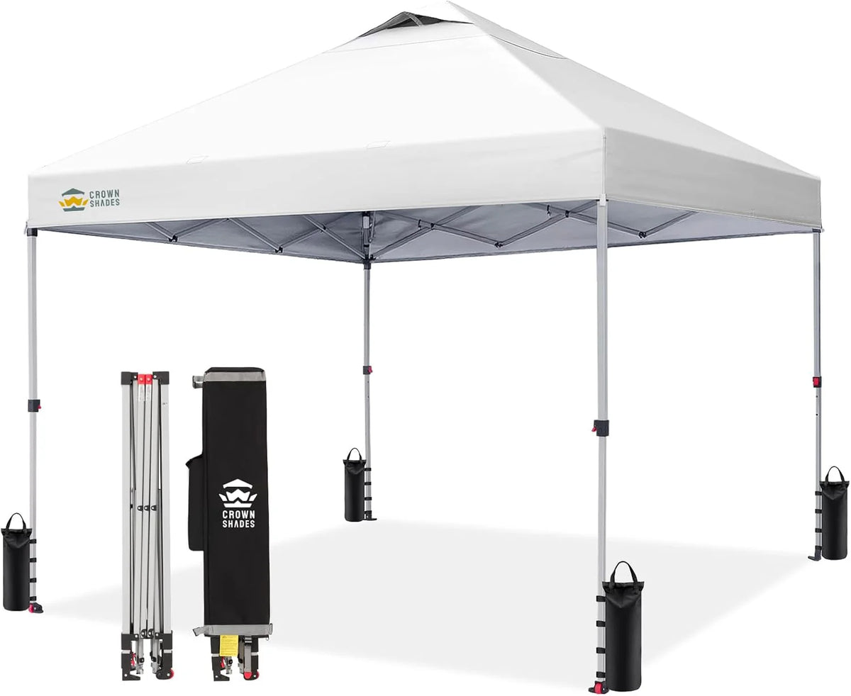 Crown Shades 10x10 Pop Up Canopy - Beach Tent with One Push Setup - Outdoor Sun Shade for Events, Parties, Camping - Gazebo with STO-N-Go Cover Bag, Silver Coated Top, 3 Height& 4 Sand Bags, Yellow