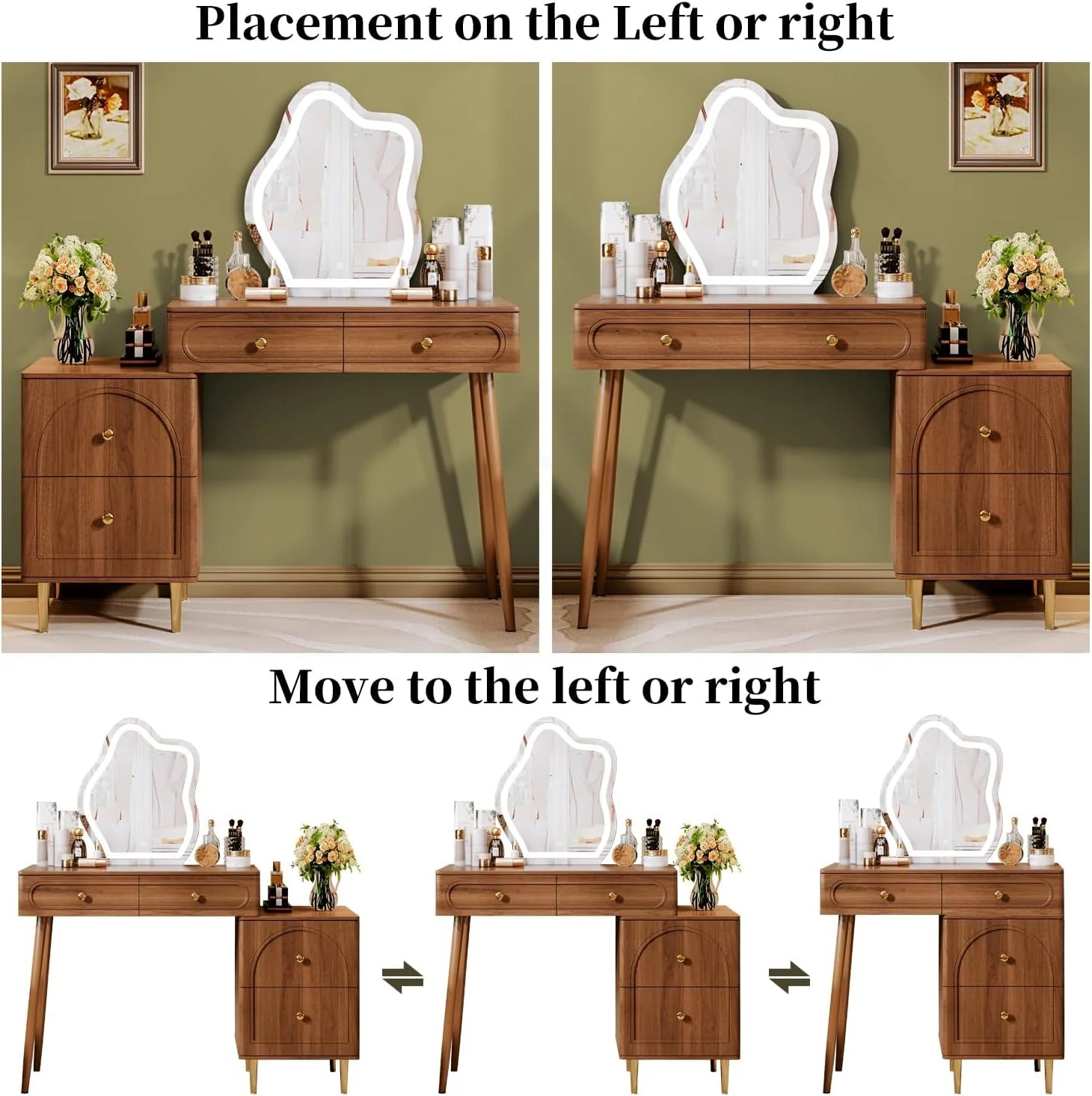 Walnut Stylish Corner Makeup Vanity Table，Vanity Desk with Lighted Mirror