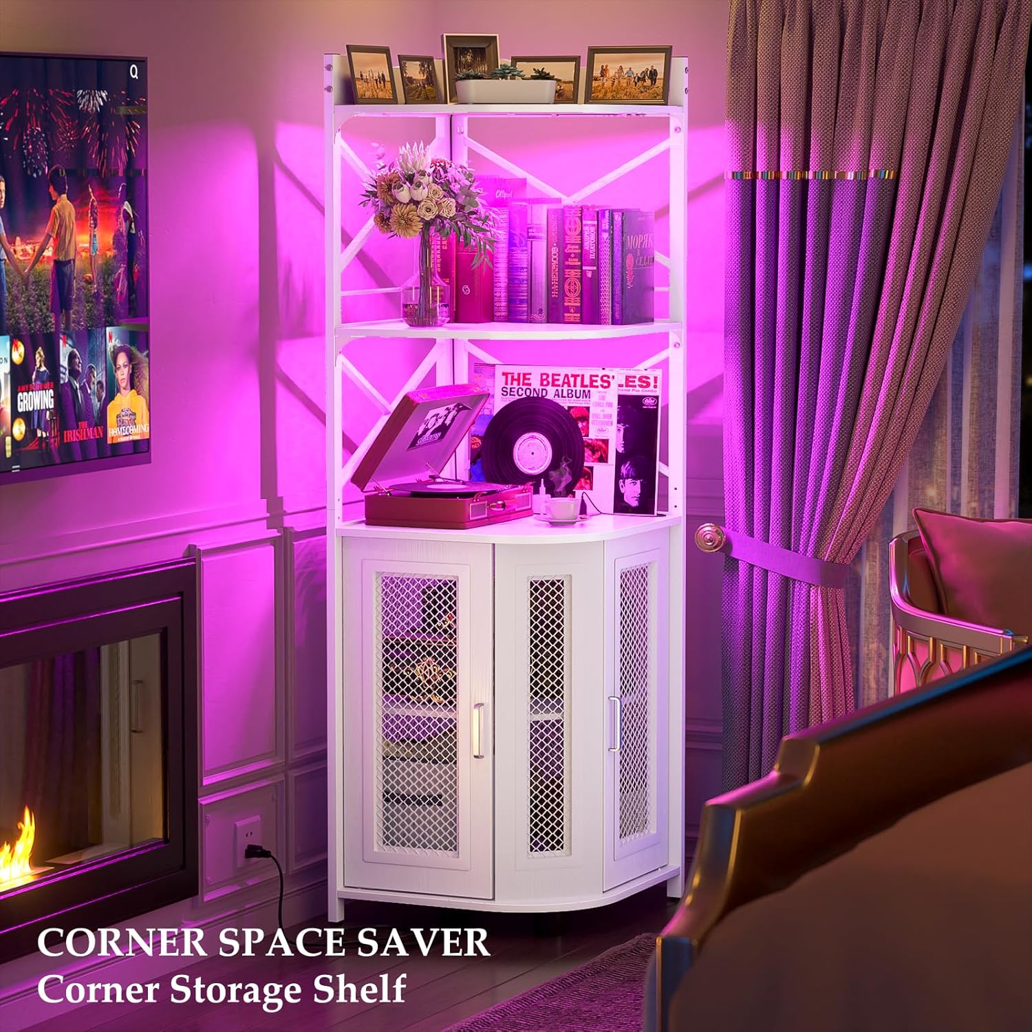 Corner bar cabinet with power socket industrial style wine cabinet light strip and glass rack