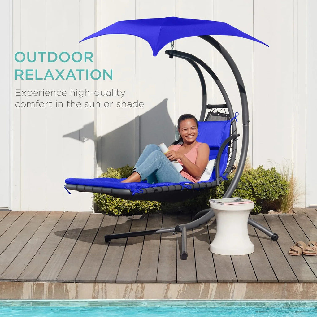 Best Choice Products Outdoor Hanging Curved Steel Chaise Lounge Chair Swing w/Built-in Pillow and Removable Canopy - Teal