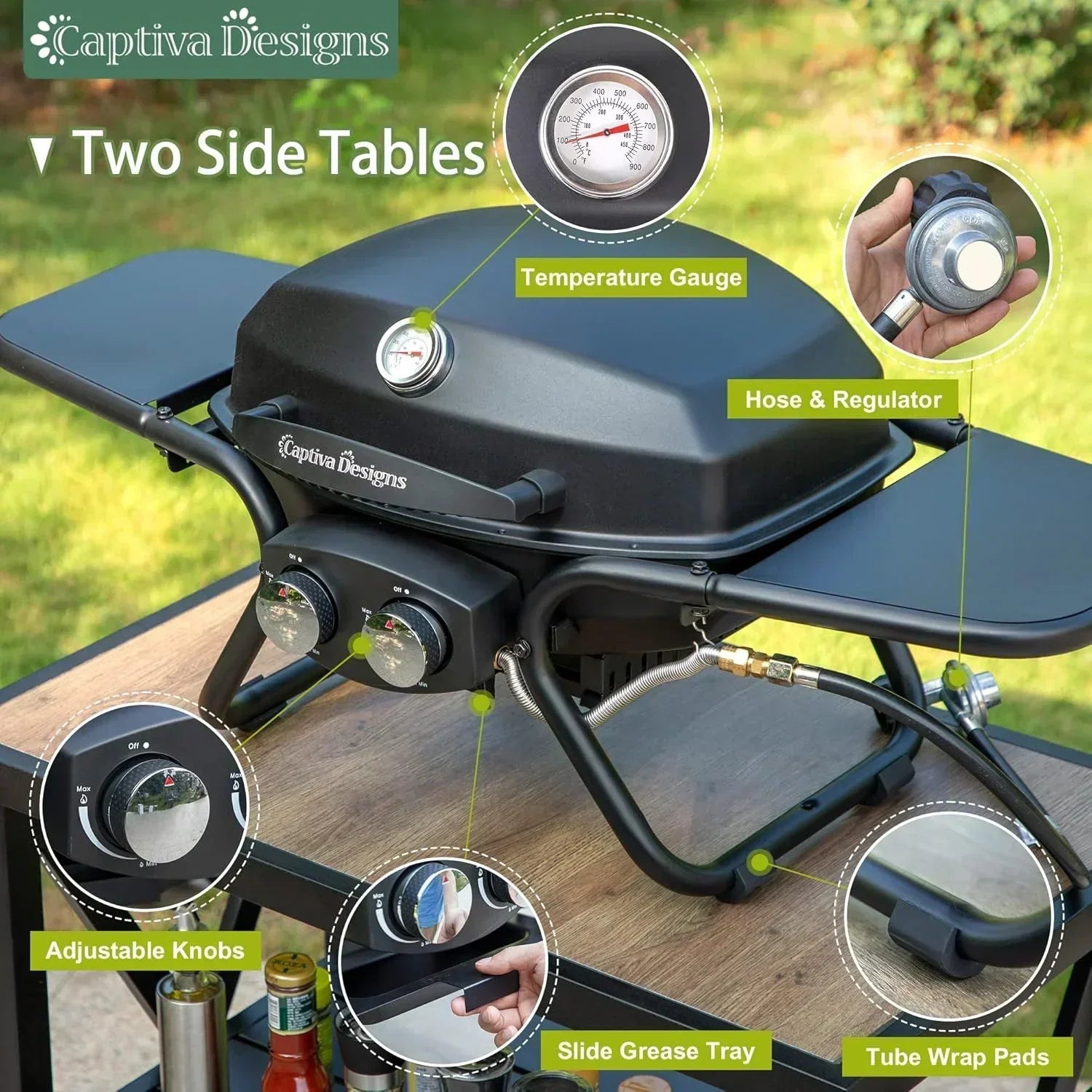 Captiva Designs 4-Burner Propane Gas BBQ Grill Side Burner Porcelain-Enameled Cast Iron Grates