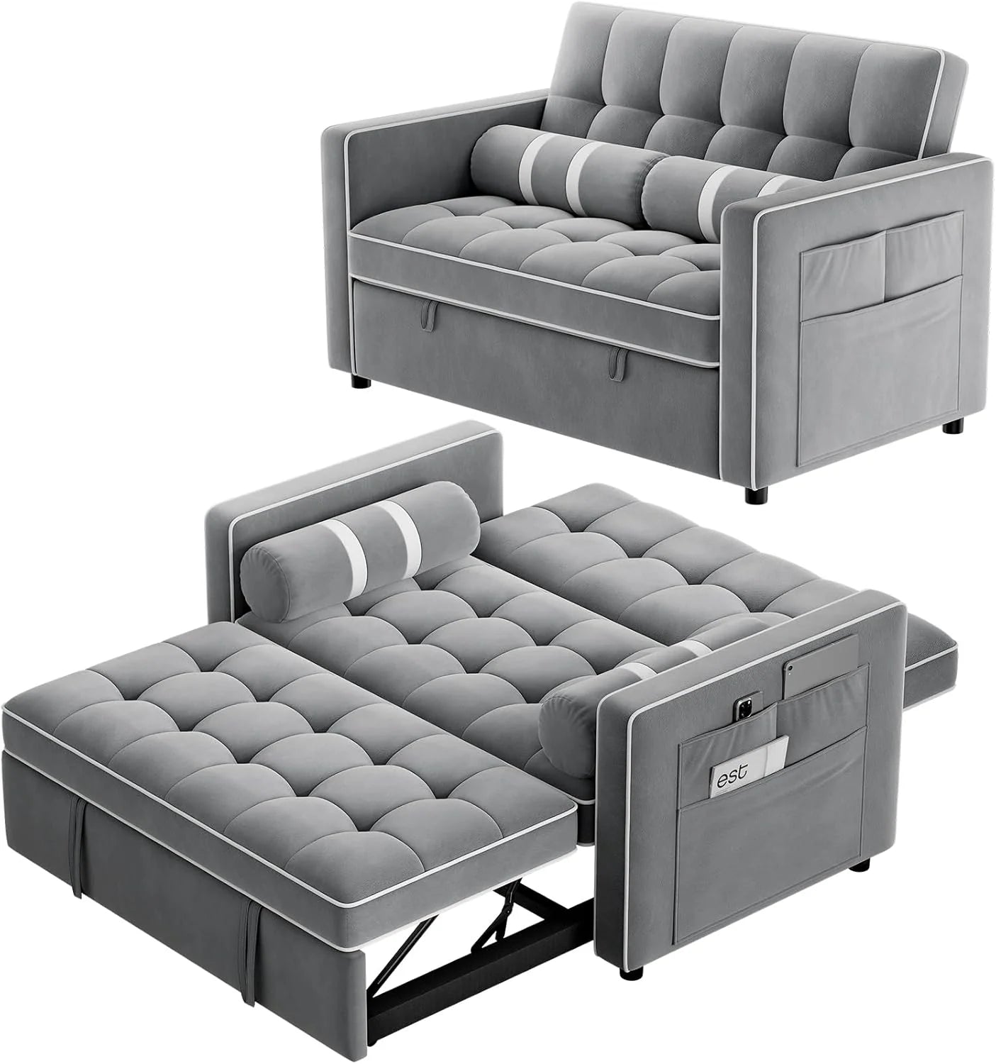 Pipishell 3 in 1 Convertible Sleeper Sofa Bed,Pull Out Couch for Living Room with USB Ports & Side Pockets,Adjustable Backrest,Velvet,Loveseat Sofa Bed,Futon Couches,Black