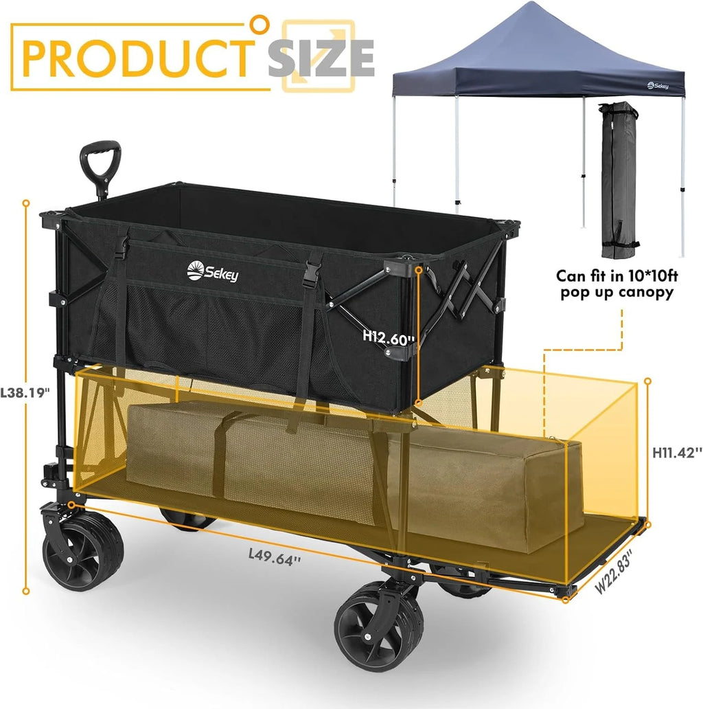 400L Large Capacity Folding Double Decker Wagon with Brakes, 50 Extra Long Extender Cart, 500lbs Heavy Duty Collapsible Wagons