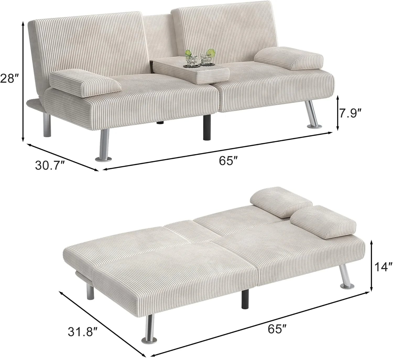 Shahoo Modern Linen Upholstered Convertible Folding Futon Sofa Bed with Removable Armrests