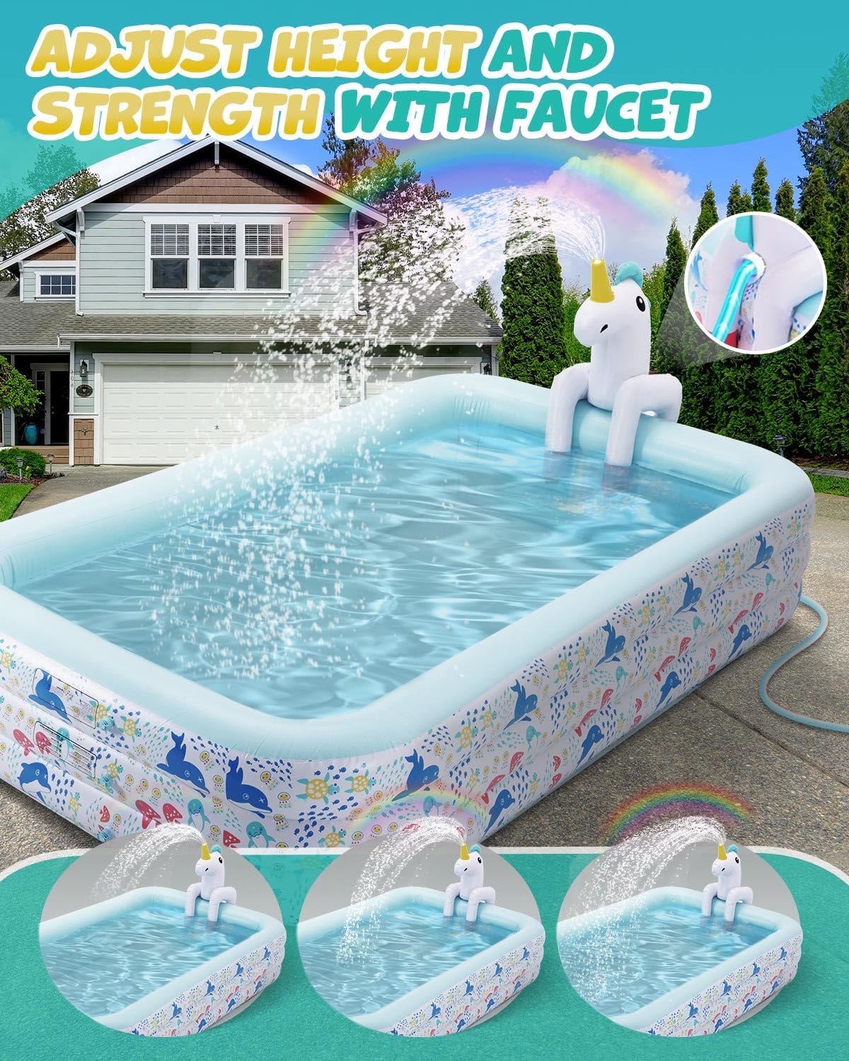 Inflatable Pool for Kids and Adults Large Blow up Swimming Pool (118 L x71 W x 23.5 H), Unicorn Pool for Kids with Sprinkler Thicken Oversized Pools for Whole Family Party Backyard Garden Outdoor