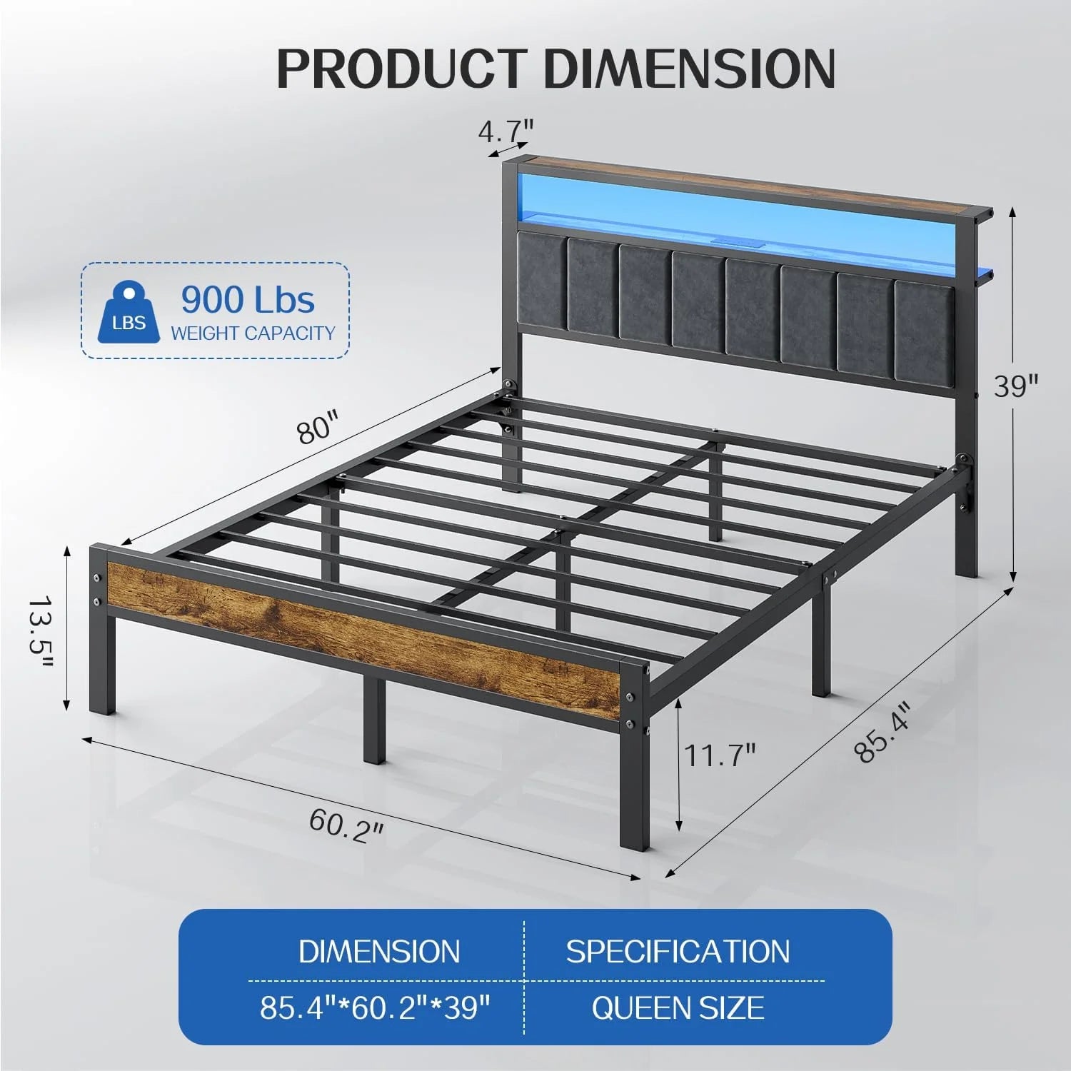 Queen Size Bed Frame with 2-Tier Storage Shelves Headboard Platform Bed Charging Station