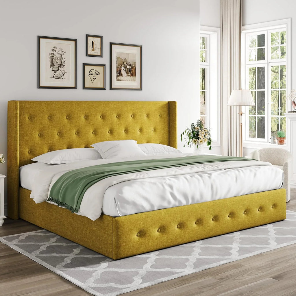 Allewie Queen Size Lift Up Storage Bed Modern Wingback Headboard Hydraulic Support