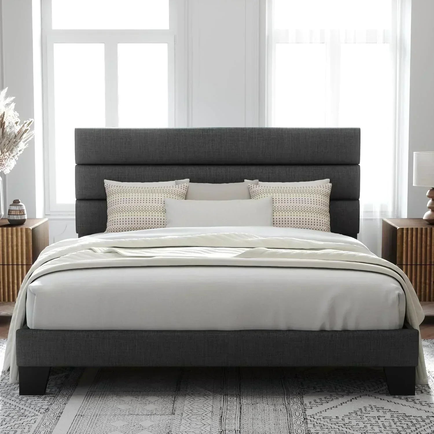 Allewie King size platform bed frame with velvet upholstered headboard and planks