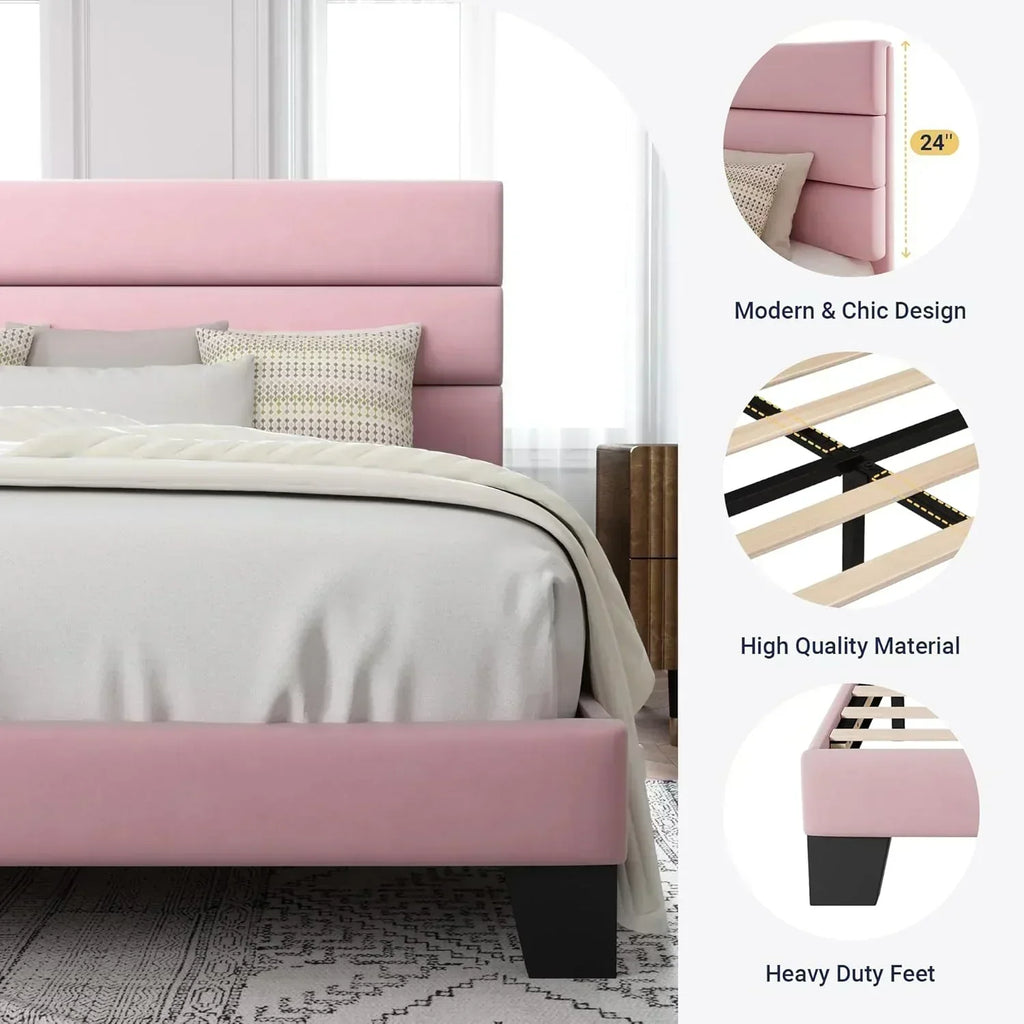 Allewie King size platform bed frame with velvet upholstered headboard and planks