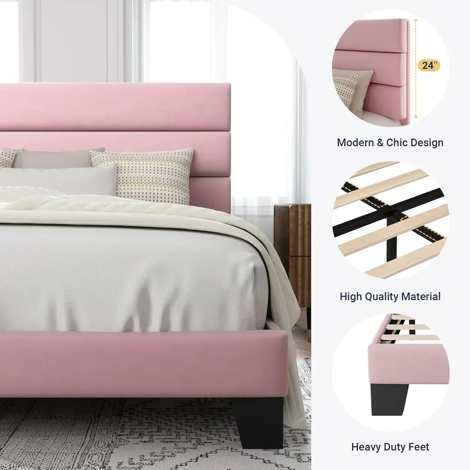 Allewie King size platform bed frame with velvet upholstered headboard and planks