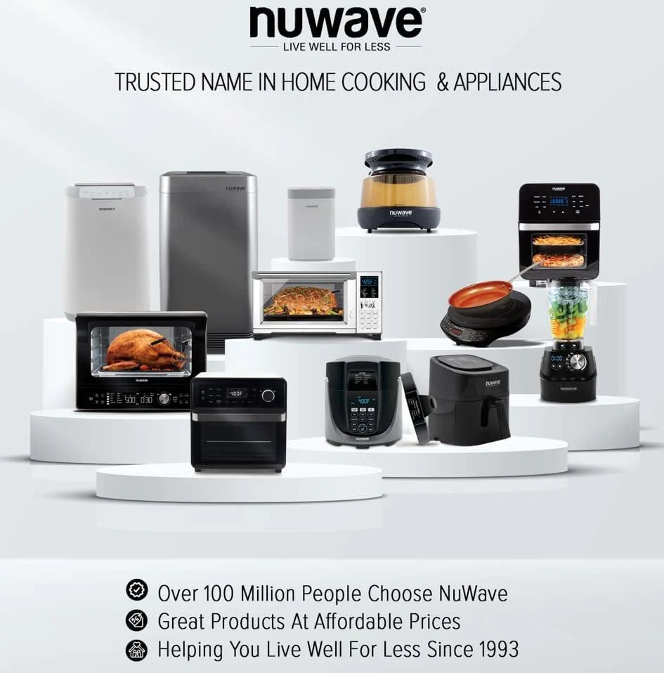 Nuwave Brio 15.5Qt Air Fryer/Oven quickly reheats, bakes, and dehydrates food with a temperature control range of 50��-425��F 1800W.