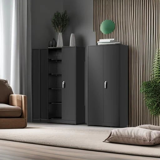 Greenvelly Metal Storage Cabinet, 72 Black Locking Metal Cabinet with 2 Doors and 4 Adjustable Shelves, Lockable Garage Storage Cabinets for Home Office, Garage, Kitchen, Living Room