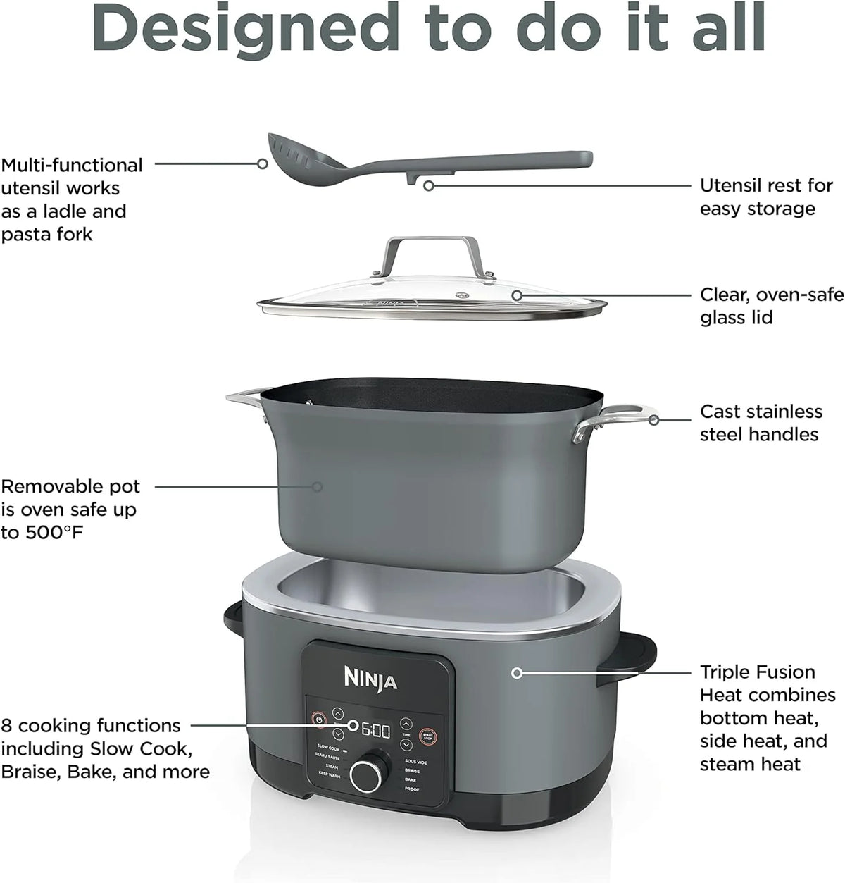 Ninja Slow Cookers 8.5-Quart Multi-Cooker with Dutch oven, steamer, glass lid with integrated spoon, nonstick and oven-safe pot