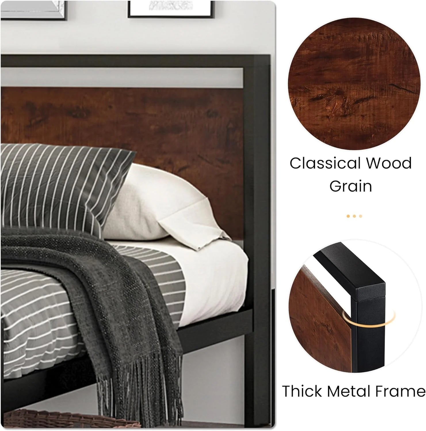 SHA CERLIN 14 Inch Queen Size Metal Platform Bed Frame with Wooden Headboard and Footboard