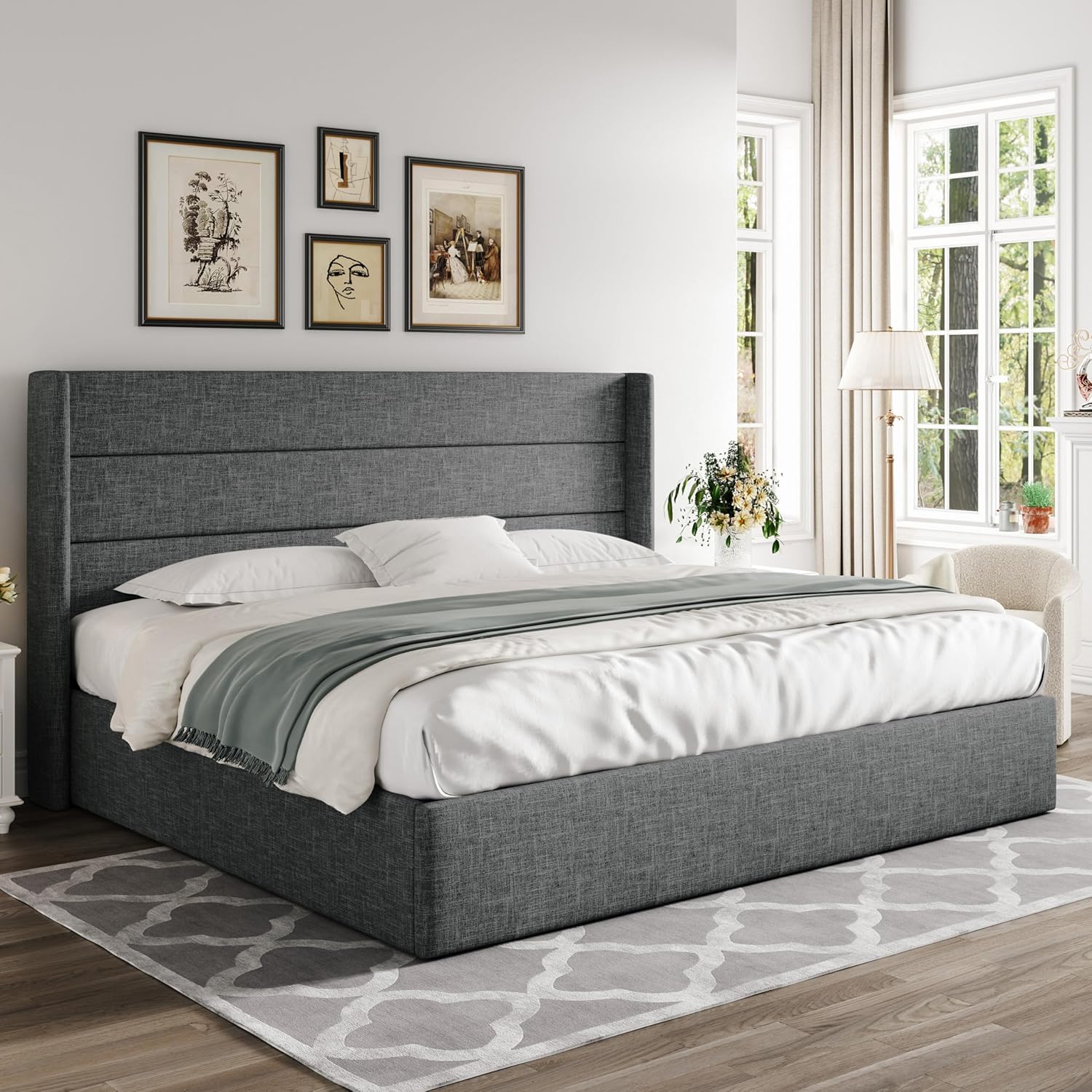Allewie Queen Size Lift Up Storage Bed Modern Wingback Headboard Hydraulic Support