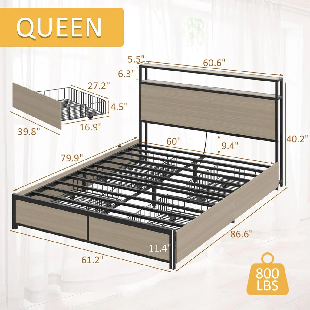 Lifezone Queen Bed Frame with 2-Tier Storage Headboard, Metal Platform Bed Frame with 4 Storage Drawers, Built in Charging Station & LED, Noise-Free/Metal Support/No Box Spring Needed
