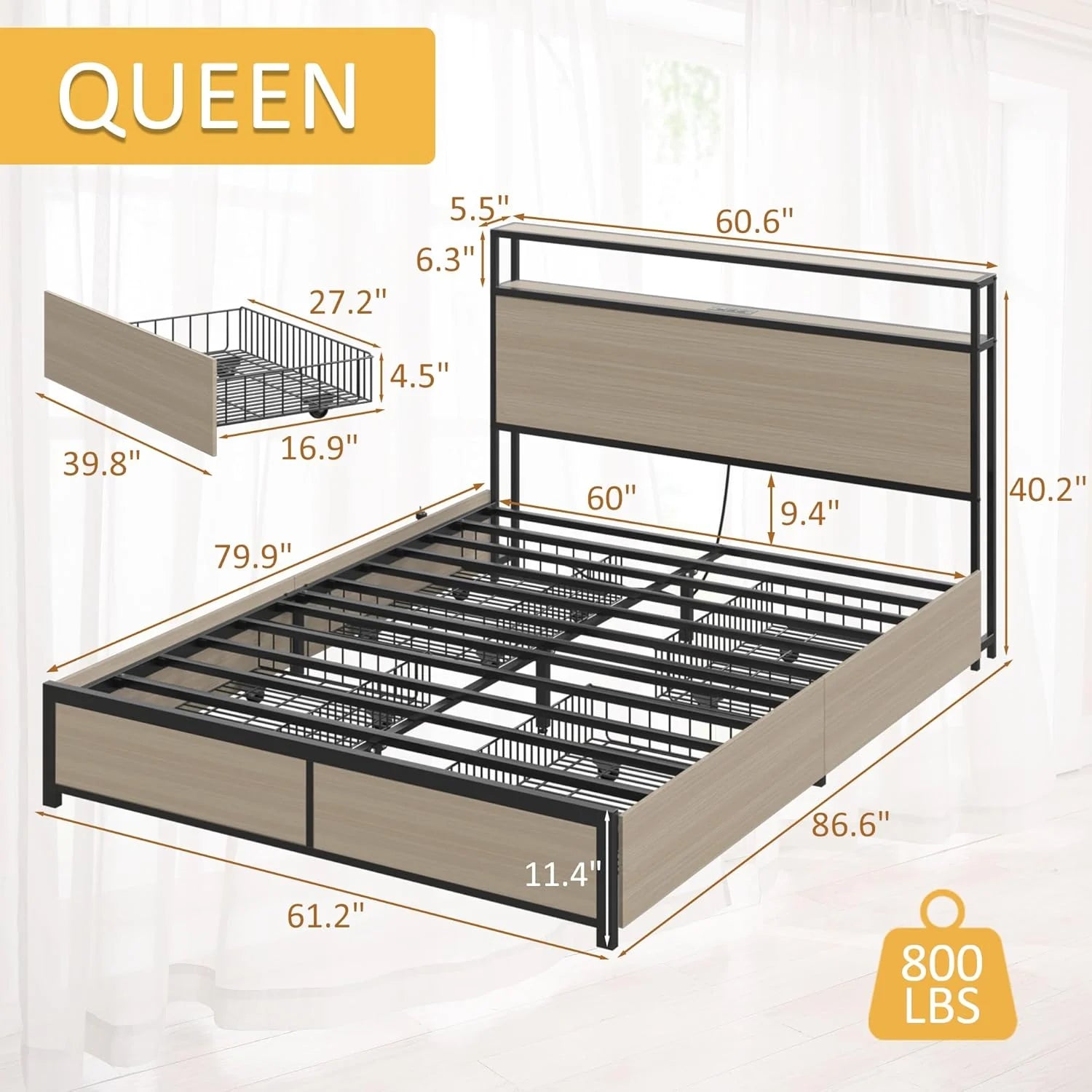 Lifezone Queen Bed Frame with 2-Tier Storage Headboard, Metal Platform Bed Frame with 4 Storage Drawers, Built in Charging Station & LED, Noise-Free/Metal Support/No Box Spring Needed