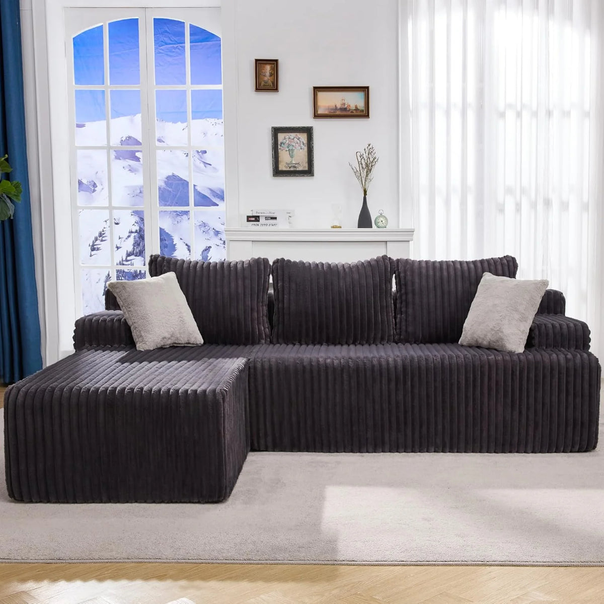 Modular Sectional Sofa Couches L-Shape Couch 3 Seat Modular Sofa Memory Foam Sectional Couches for Living Room, Cloud Couch with Oversized Chaise (Grey Stripe, 96 Left Facing Chaise)