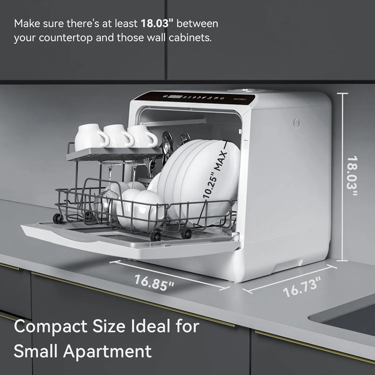 Hermitlux Countertop Dishwasher, 7 Washing Programs Portable Mini Dishwasher with 5-Liter Built-in Water Tank for Apartments & RVs, LED Light, Glass Door, No Hookup Needed
