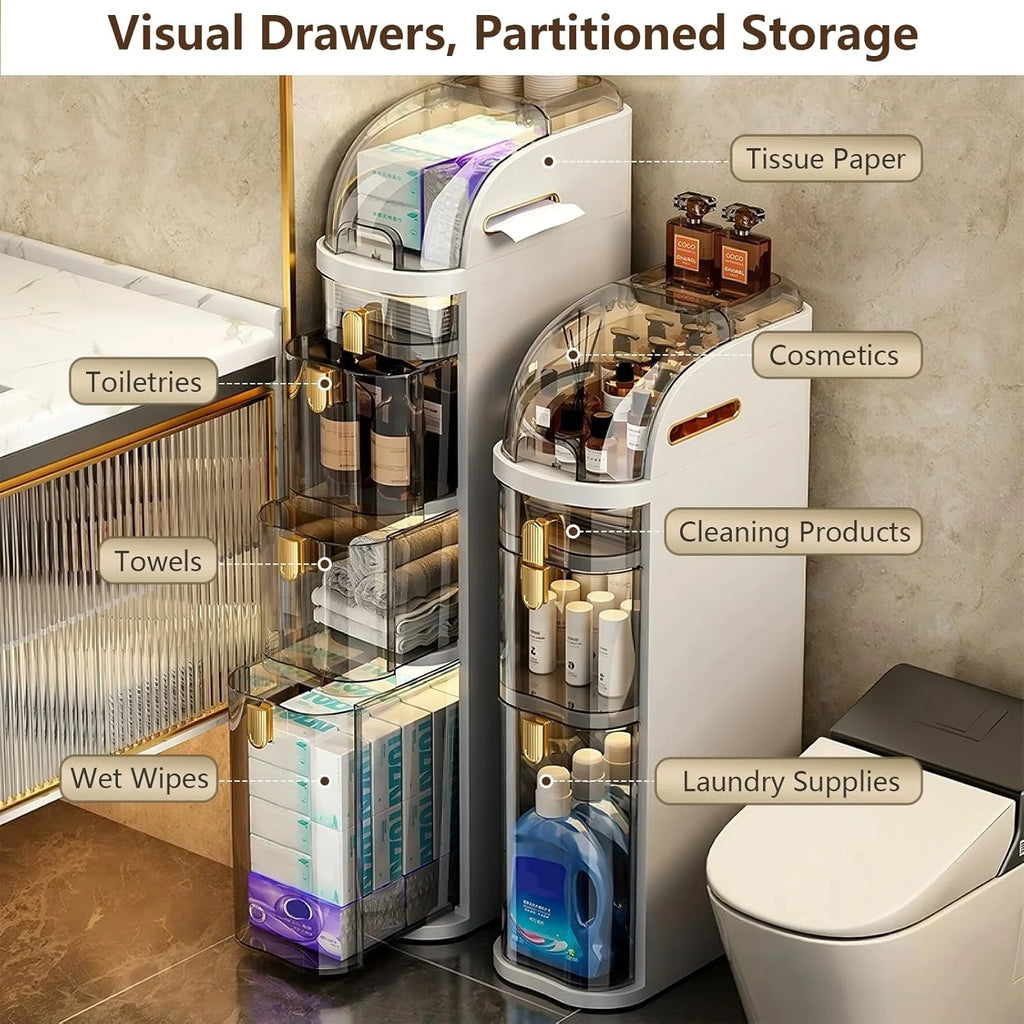 4-Tiers Narrow Bathroom Storage Cabinet 7.1 Slim Bathroom Floor Organizer with Drawers and Tissue Box Plastic Waterproof Mobile Locker