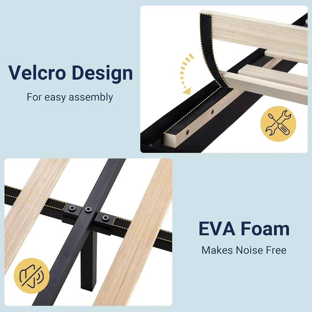 Allewie King size platform bed frame with velvet upholstered headboard and planks