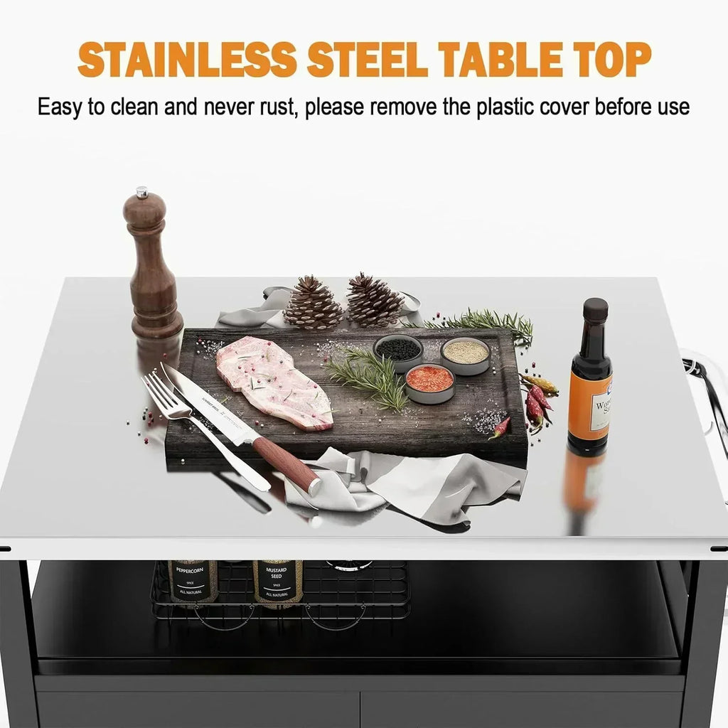 Stainless Steel Outdoor Grill Cart Pizza Oven Stand Trolley Table with Wheels Three-Shelf