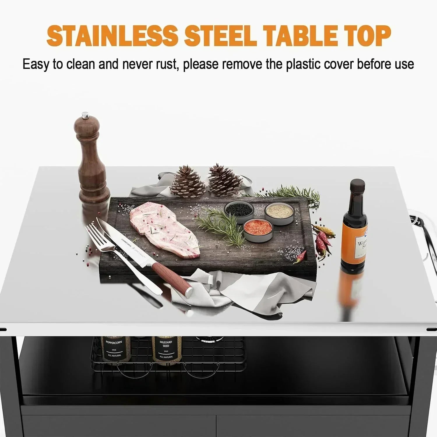 Stainless Steel Outdoor Grill Cart Pizza Oven Stand Trolley Table with Wheels Three-Shelf