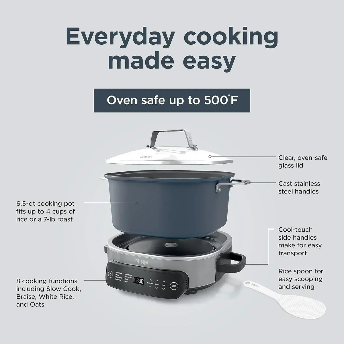 Ninja Slow Cooker 8.5 Quart Multi Cooker with Dutch oven steamer glass lid with integrated spoon