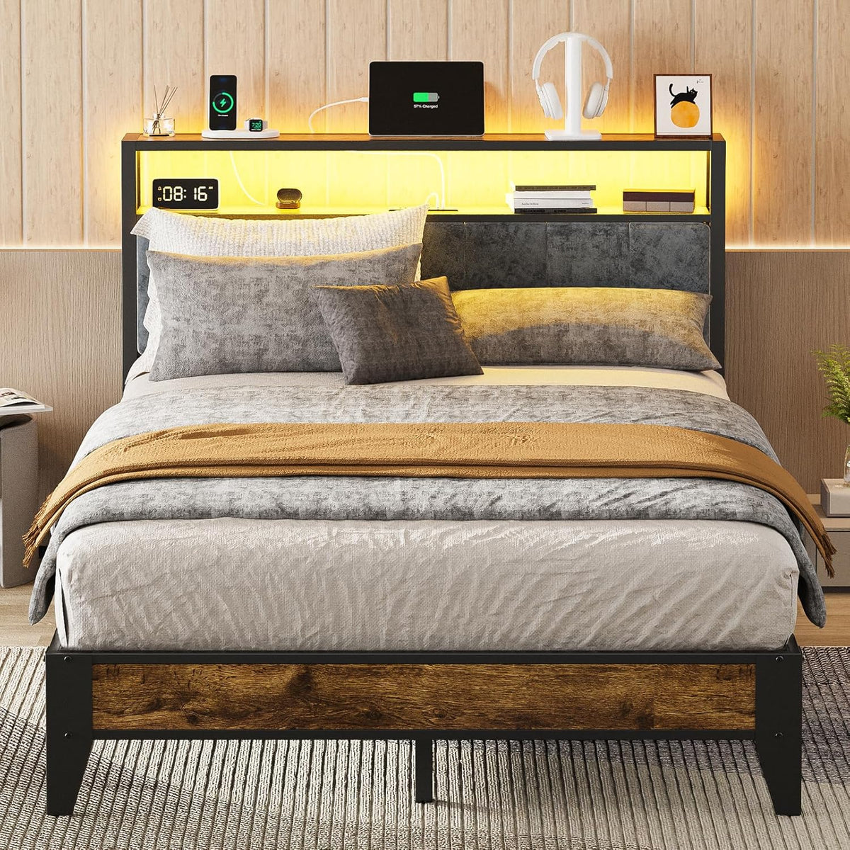OLEVS Single Bed Frame LED Light Storage Headboard Type C Charging Station Metal Platform Bed