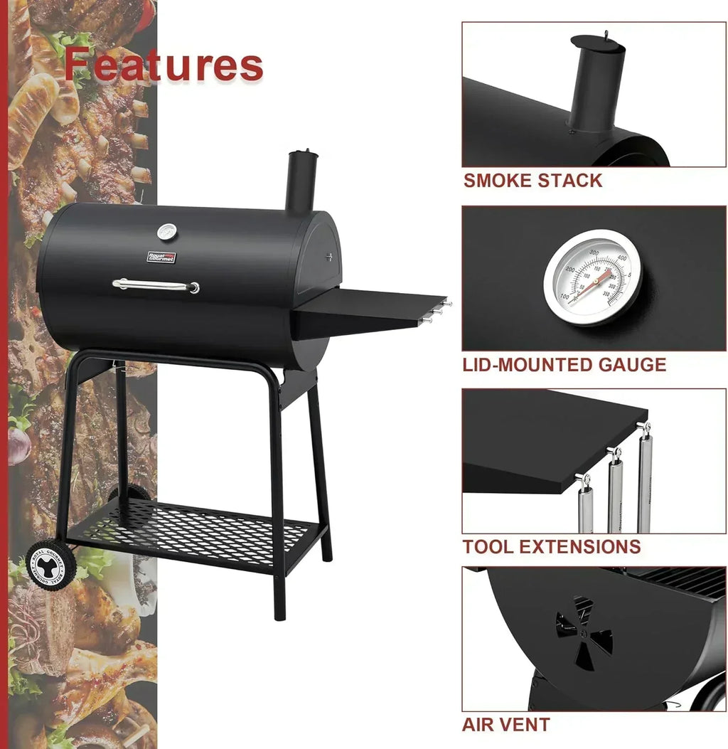 Royal Gourmet CC1830 30 Inch Barrel Charcoal Grill with Side Table Outdoor BBQ Grill  for Backyard