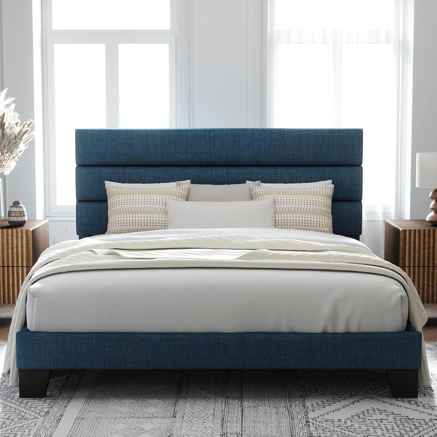 Allewie Queen Size Platform Bed Frame Fabric Upholstered Headboard Wooden Slats Support
