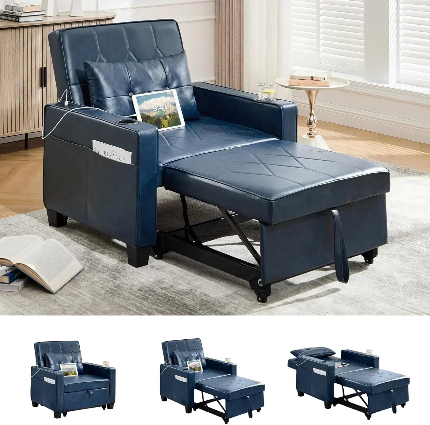 Adult Convertible Sleeper Chair Bed 3-in-1 Pull-Out Sofa Bed with USB/Type-C Ports Cup Holders