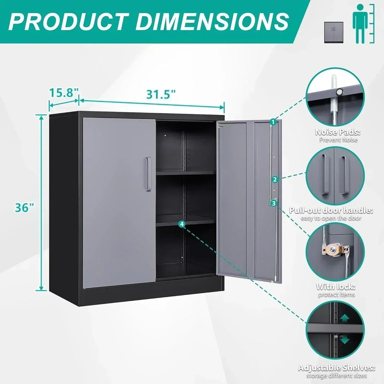 Metal Storage Cabinet with 2 Doors and 6 Shelves Black Metal Cabinet Garage Storage Cabinet