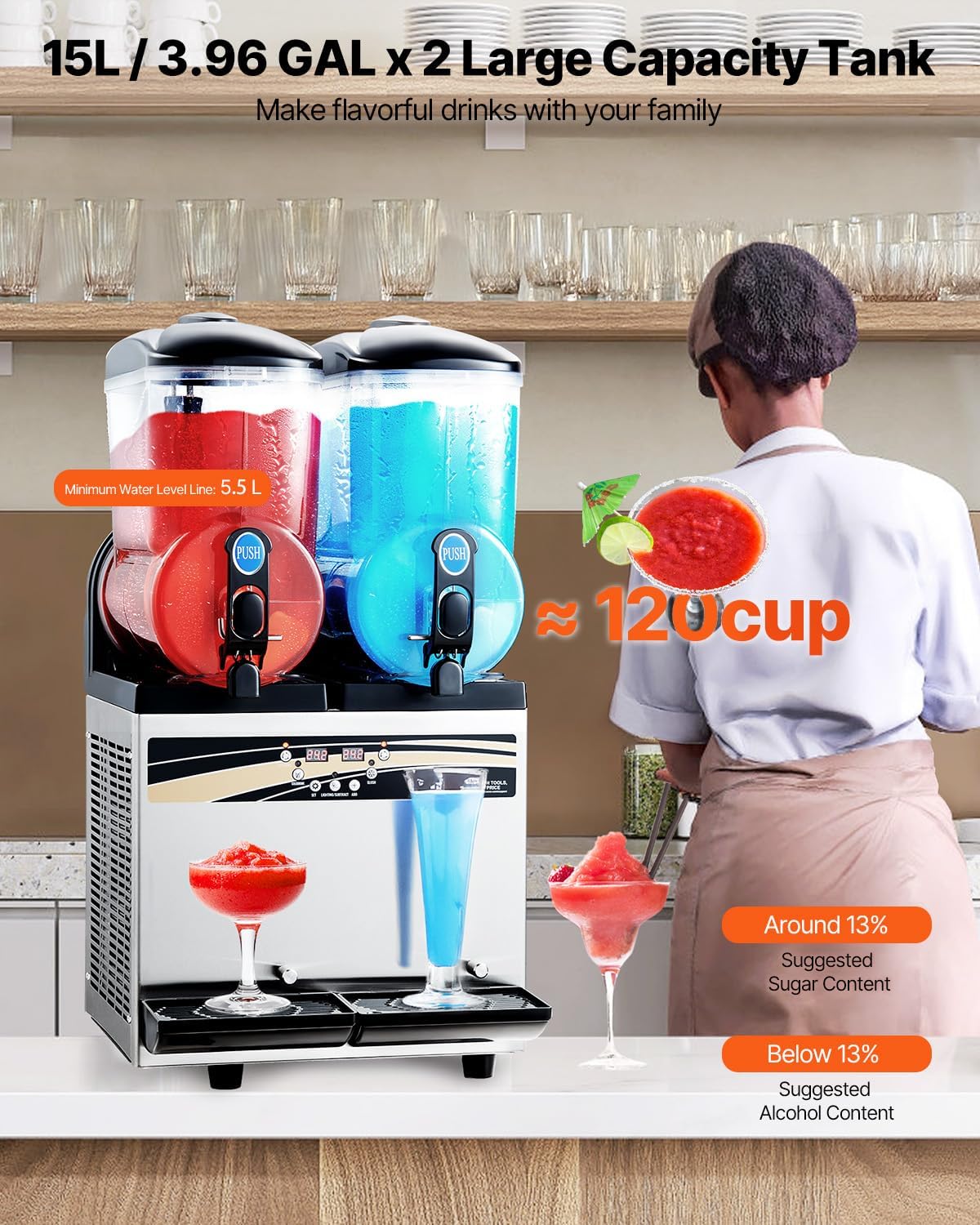 VEVOR Slushy Machine 15Lx2 Double Tank Commercial Margarita Machine 120 Cups Stainless Steel