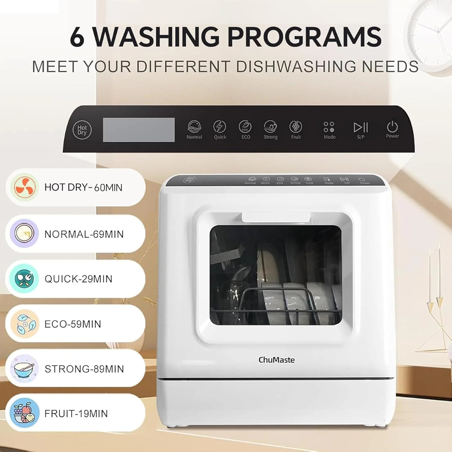 Mini countertop dishwasher. Compact dishwasher with drying function. Double spray arms. Portable countertop dishwasher