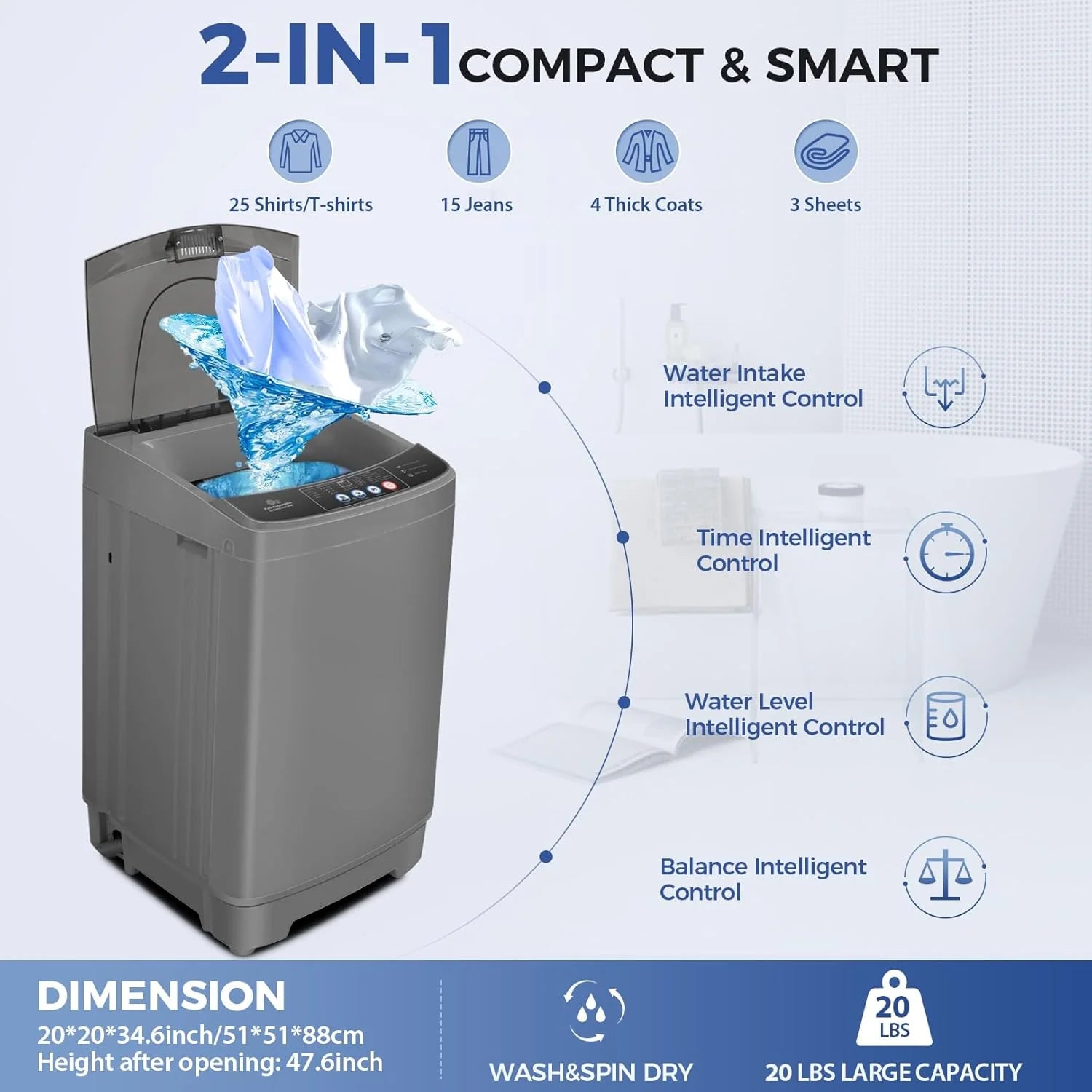 Nictemaw Portable Washing Machine, 20Lbs Capacity Full-Automatic Portable Washer Machine, 2.8Cu.ft Washer and Dryer Combo with Drain Pump, 10 Programs & 8 Water Levels for Apartment, Dorms, RV