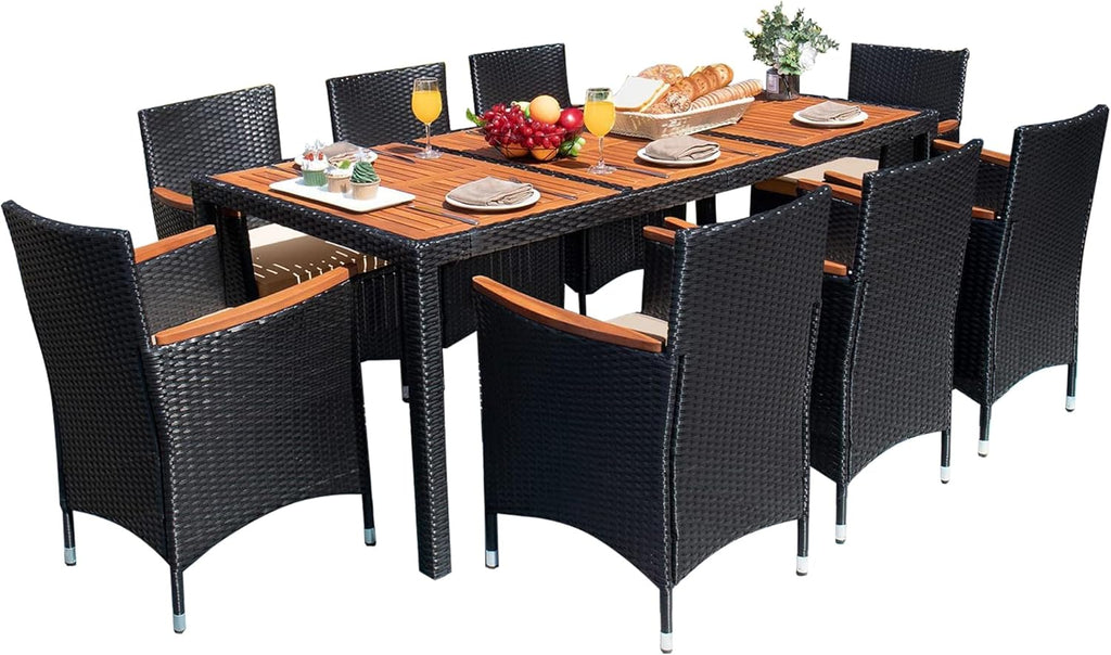 Devoko Dining 7 PCS Furniture Patio Conversation Set with Acacia Wood Table Top Rattan Outdoor