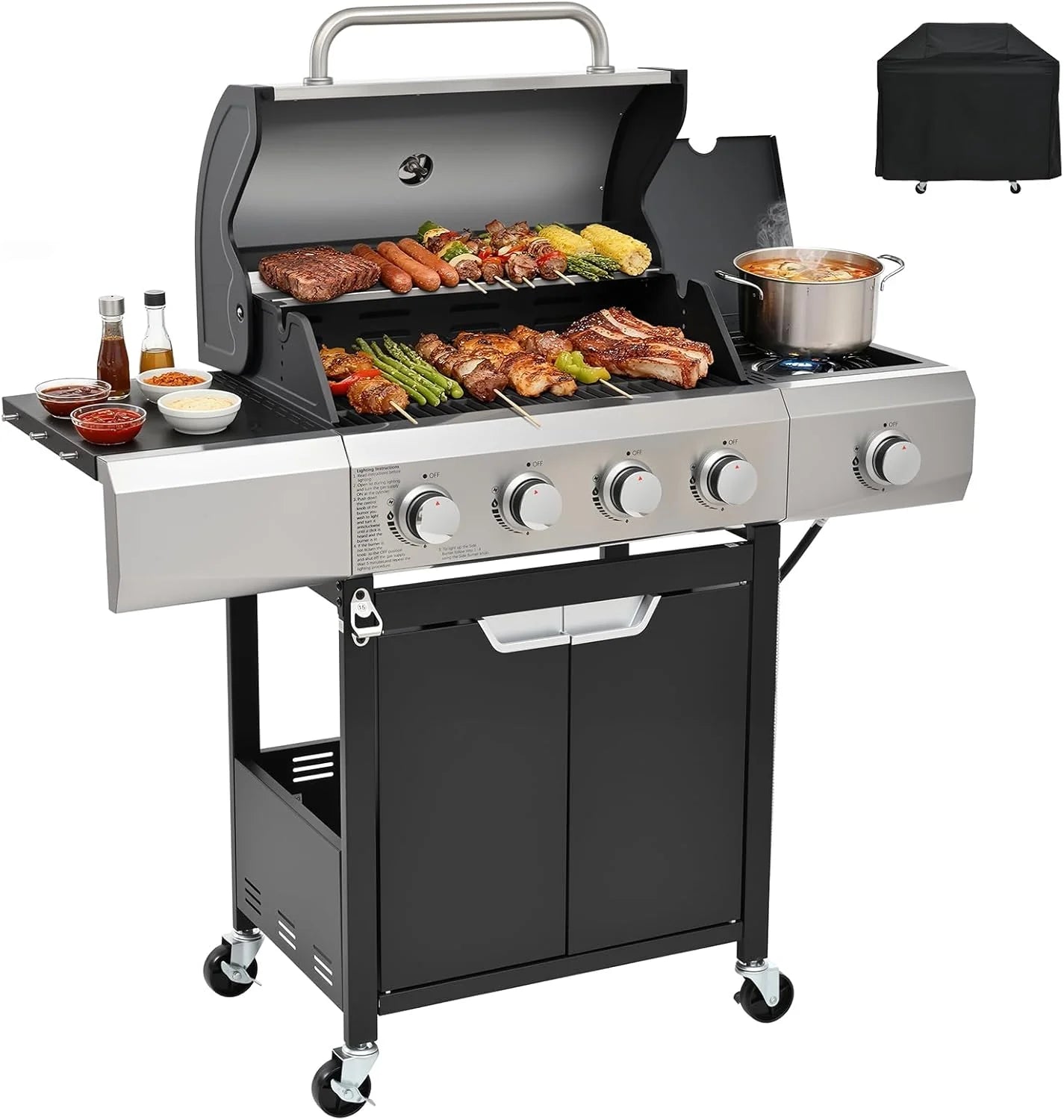 4-Burner Propane Gas Grill with Side Burner, 46,500 BTU Output Stainless Steel Grill
