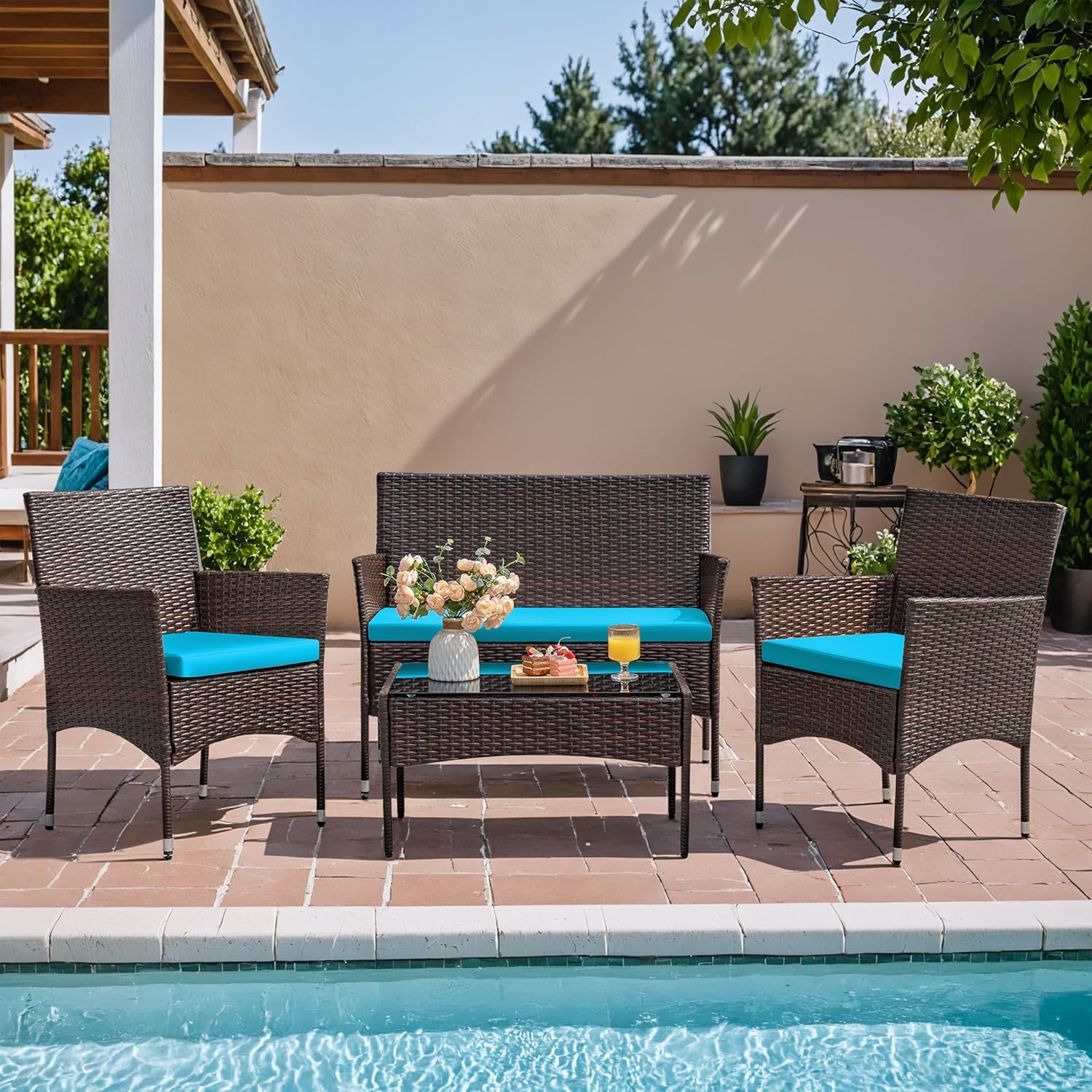 Homall 4 Pieces Outdoor Patio Furniture Sets Rattan Chair Wicker Set, Outdoor Indoor Use Backyard Porch Garden Poolside Balcony Furniture Sets (Grey)