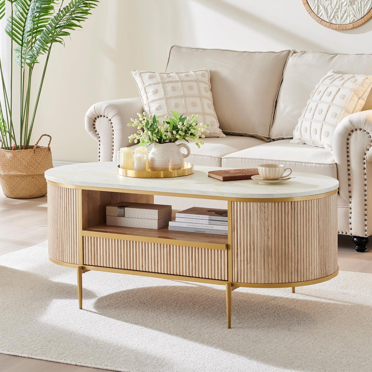 OKD Modern Luxury Grooved Coffee Table 48 Inch Oval Coffee Table Drawers Imitation Marble Top